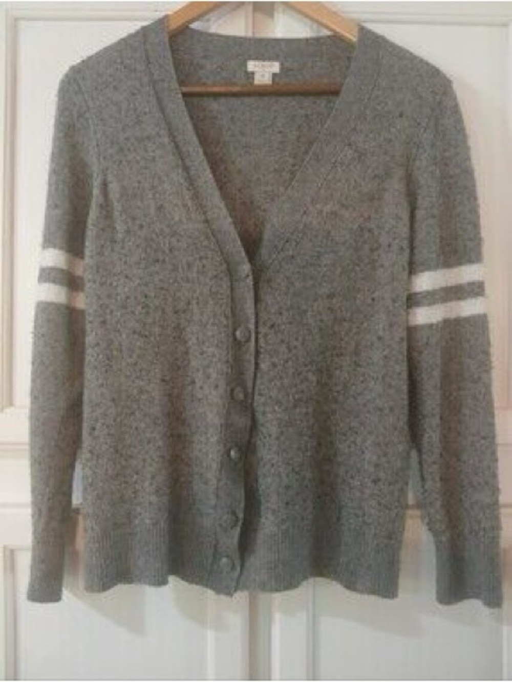 J. Crew Factory Gray V-Neck Cardigan with White Sleeve Stripes
